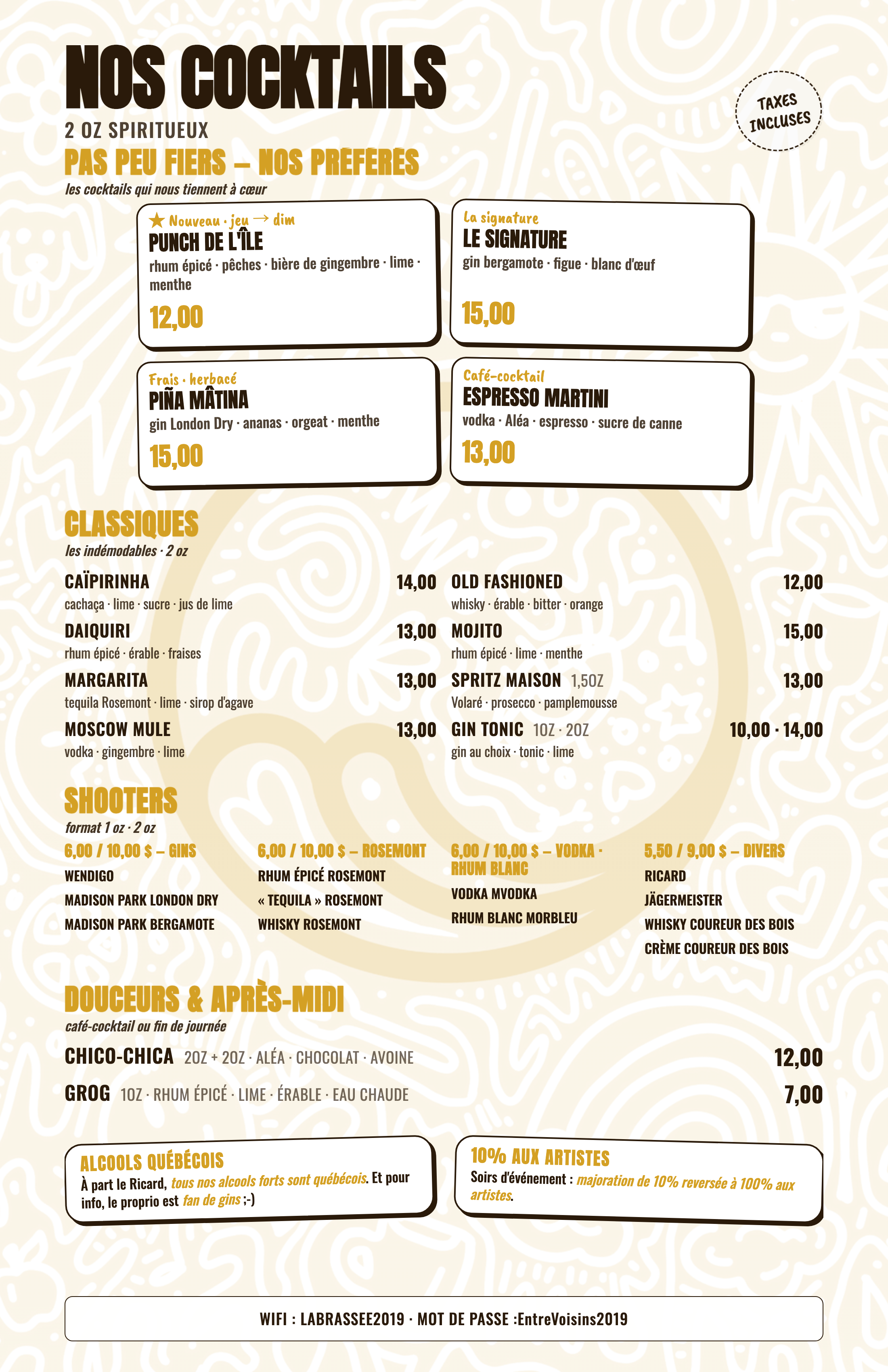 Menu La Brassée — 2 oz spiritueux · signatures