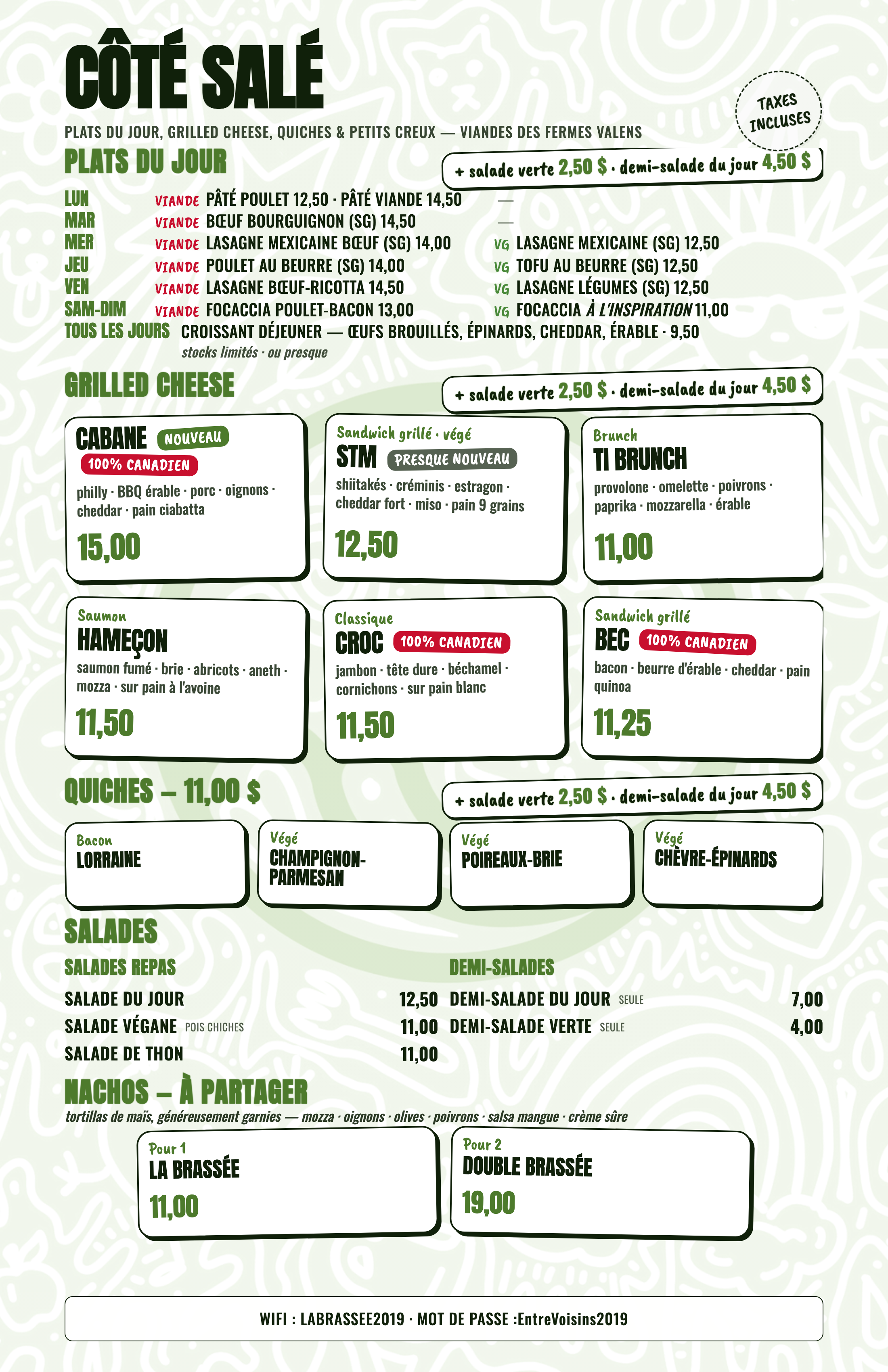 Menu La Brassée — Plats · grilled cheese · quiches · nachos